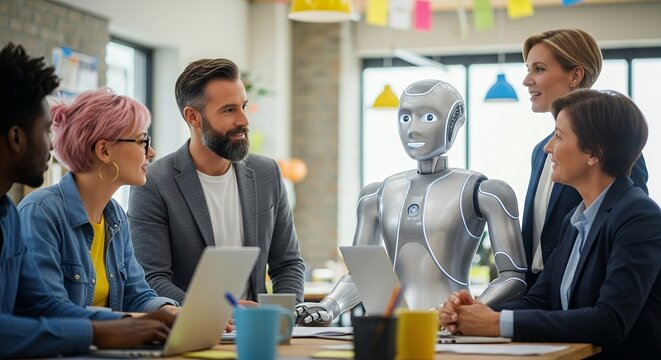 Diverse team collaborates with humanoid robot at modern office conference table - Powered by Adobe