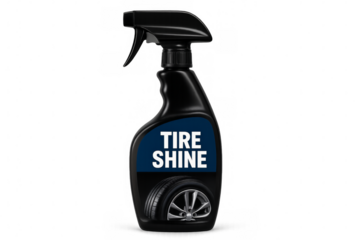 Black plastic spray bottle of tire shine cleaner on transparent background