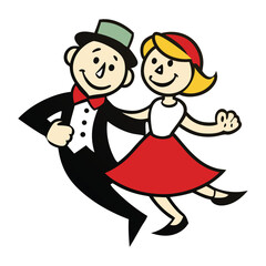 A joyful swing dance couple in mid-twirl, smiling, holding hands, with vintage outfits and lively movement, capturing the energy and rhythm of swing dance fun.
