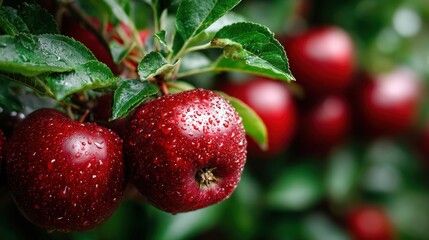 Obraz premium Red Apples on Branch with Water Droplets