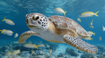 Fototapeta premium A serene green sea turtle gliding gracefully through crystal clear waters, surrounded by vibrant fish in the ocean.
