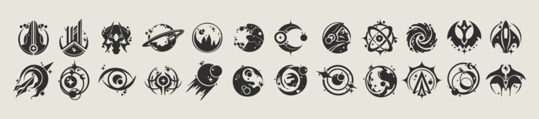 Retro futuristic space icon set, vector cyber sci-fi planet alien starship silhouette collection. Modern y2k galaxy star t-shirt print, trendy globe shape design, acid techno decor. Futuristic icon