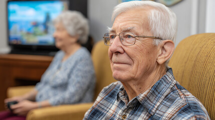 A serene moment featuring an elderly couple enjoying time together at home, highlighting companionship and connection in later life.