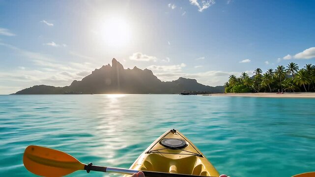 A solo kayak glides toward a glowing sunset over island silhouettes.