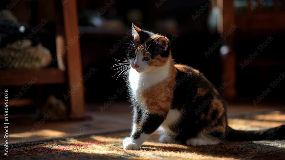 Poster captured from a low angle the scene showcases a focused calico cat perched on its haunches poised fo