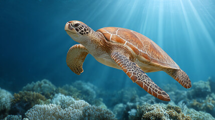 Obraz premium A serene underwater scene featuring a green sea turtle gracefully swimming among vibrant coral reefs.