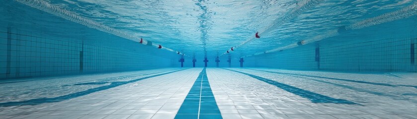 Obraz premium Underwater view of an empty swimming pool with clear blue water and lane markers on the tiled floor and walls.