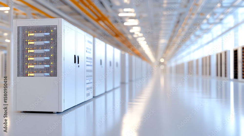 Poster a sleek, modern data center featuring rows of server racks with illuminated indicators, showcasing a