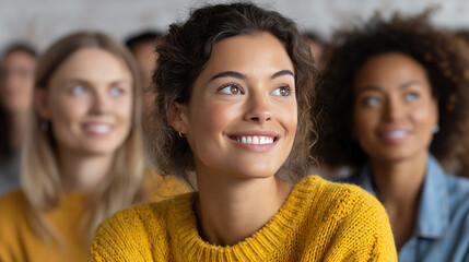A smiling young woman in a bright sweater engages in a lively environment, representing happiness and connection among friends.