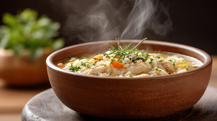 A steaming bowl of delicious chicken soup garnished with fresh herbs and vegetables, perfect for comforting meals or cozy gatherings.