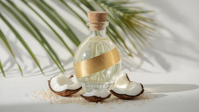 Curved glass bottle of golden oil on white surface with nature inspired props