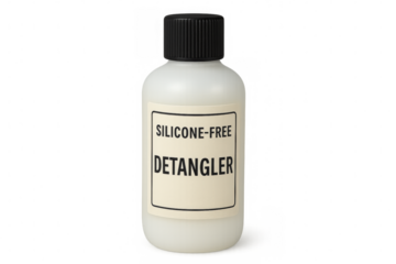 Silicone-free detangler in white plastic bottle with black cap on transparent background