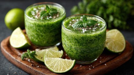 Two Green Lime Smoothies with Limes on Wood