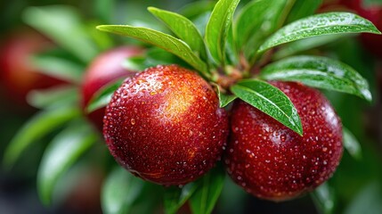 Obraz premium Red Bayberry Fruit on Tree with Raindrops