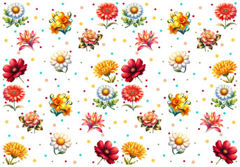 Colorful spring flowers and dots seamless pattern