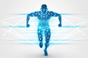 Digital Runner: Low-Poly Humanoid Figure in Dynamic Motion with Glowing Lines Overlay on White