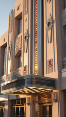 Obraz premium Art Deco Architecture: Vintage Movie Theater Facade with Ornate Details and Iconic Marquee Featuring 20th Century Symmetry and Vibrant Color Palette in Historic Cinematic Urban Landscape