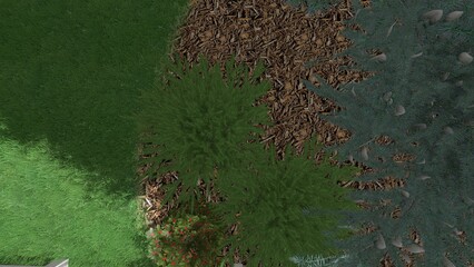 3d image of the landscape design of the home territory. Landscaping of the territory. Computer visualization of composite landscaping and landscaping solutions.
