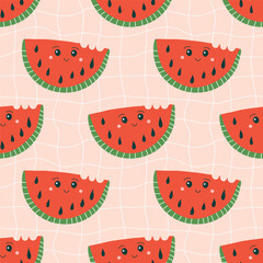 Hand drawn watermelon character seamless pattern. Cute Summer background with watermelon slices. Flat design vector illustration on grid backdrop.