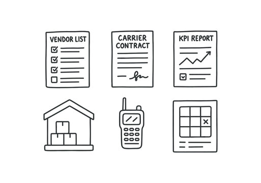 hand drawn cute doodle style isolated logistics coordinator vendor list logistics coordinator carrier contract logistics coordinator KPI report logistics coordinator warehouse diagram