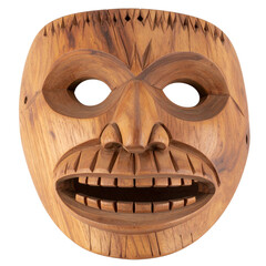 Top-Down View of Primitive Wooden Mask with Deep Eye Sockets and Yawning Mouth, Transparent Background