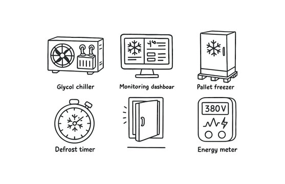 hand drawn cute doodle style isolated cold storage glycol chiller cold storage monitoring dashboard cold storage pallet freezer cold storage defrost timer cold storage gasket seal cold