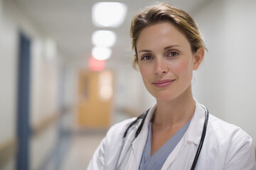 Doctor with stethoscope in hospital corridor