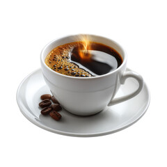 Freshly brewed coffee served in a white porcelain cup with coffee beans on a plate