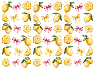 Lemons and pink bows seamless pattern