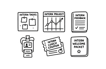 hand drawn cute doodle style isolated intern task assignment board intern project time chart intern feedback journal intern access badge printer intern lunch coupon pack intern welcome