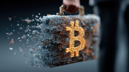 Futuristic image of a fragmented briefcase with a glowing Bitcoin symbol, symbolizing digital currency innovation and blockchain technology.