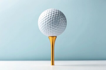 Golf ball perched gracefully on a golden tee against a serene pastel backdrop.