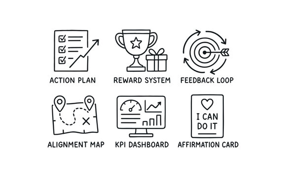 hand drawn cute doodle style isolated goal setting action plan goal setting reward system goal setting feedback loop goal setting alignment map goal setting KPI dashboard goal setting
