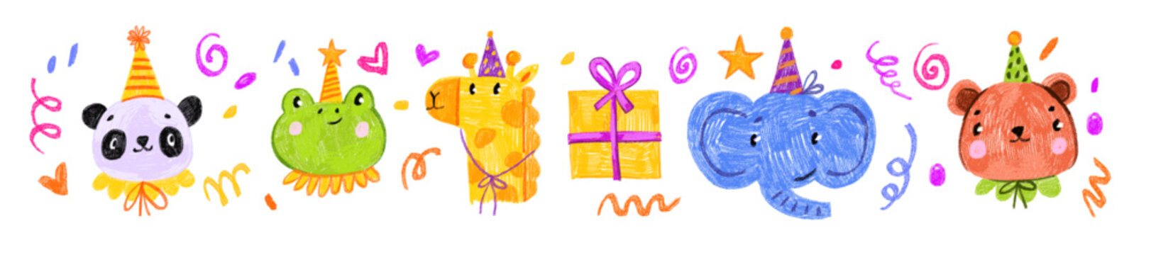 Naklejki Kids cute animal print, colorful happy birthday party hand drawn cartoon pencil postcard elements. Baby frog, elephant face, panda in funny hat, holiday confetti scribble. Jungle kids animal poster