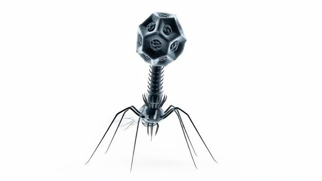 Bacteriophage Virus 3D video - A detailed 3D video of a bacteriophage virus, showcasing its intricate structure with a multifaceted head and long tail fibers.