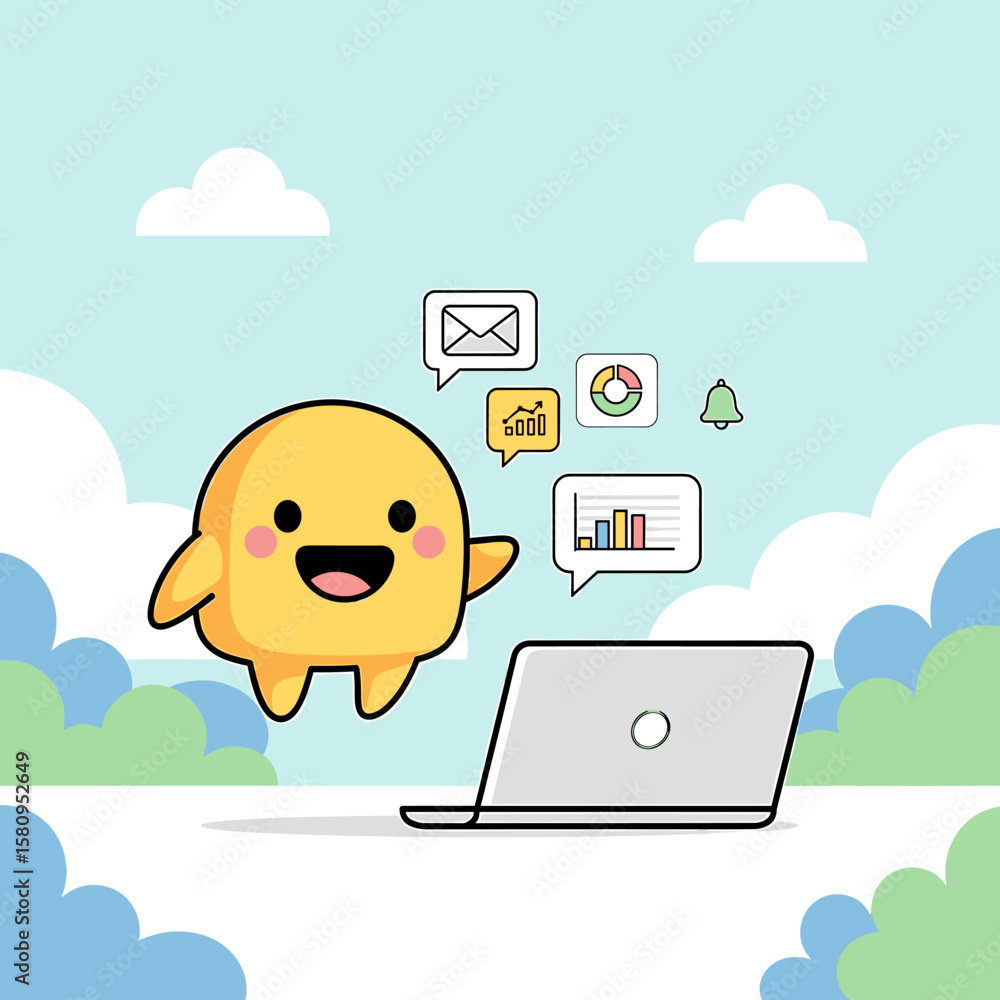 Poster cheerful yellow blob character interacting with laptop and data visualizations