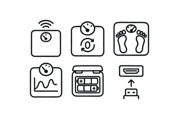 hand drawn cute doodle style isolated scale tooth connectivity module scale auto zero mechanism scale foot pads scale peak hold feature scale battery compartment scale data logging port