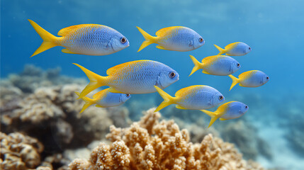 Fototapeta premium A vibrant underwater scene featuring a school of colorful fish swimming gracefully above a coral reef.