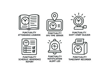 hand drawn cute doodle style isolated punctuality attendance logbook punctuality GPS time server punctuality start buzzer punctuality schedule adherence report punctuality notification