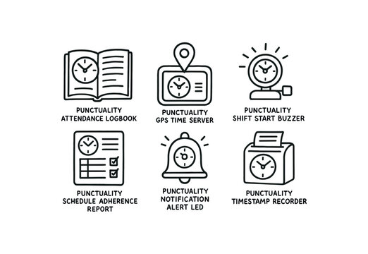 hand drawn cute doodle style isolated punctuality attendance logbook punctuality GPS time server punctuality start buzzer punctuality schedule adherence report punctuality notification