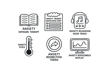 Fototapeta premium hand drawn cute doodle style isolated aniety eposure therapy module aniety trigger identification chart aniety relaation audio track aniety scale thermometer aniety irection token aniety