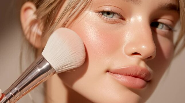 A close-up of a woman applying blush with a makeup brush highlighting her natural beauty and flawless skin, horizontal video