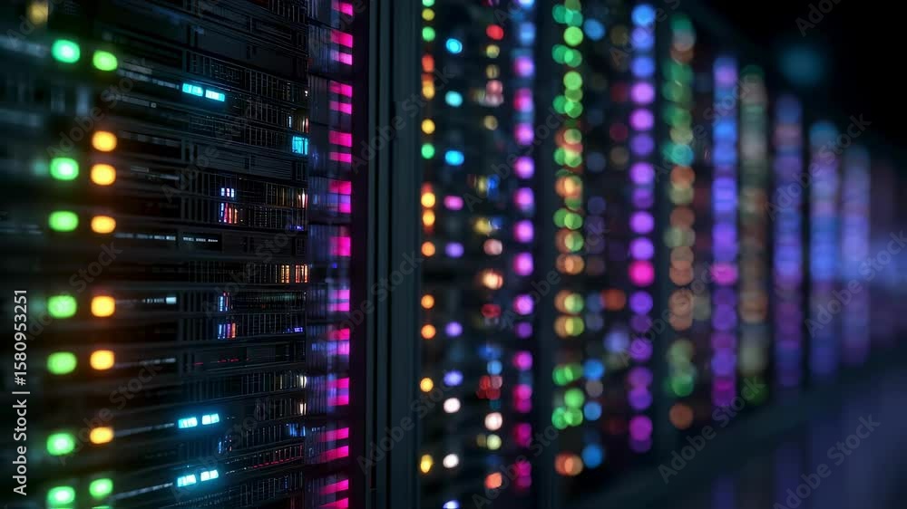 Poster supercomputer array a mesmerizing view of multiple server racks illuminated by dynamic led indicator