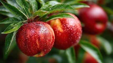 Obraz premium Fresh Red Apples on a Branch with Water Drops