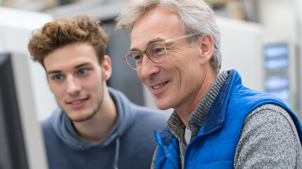 A young man and older man collaborating in a professional environment, showcasing mentorship and teamwork at work.