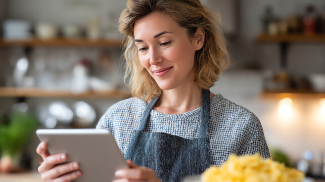 A young woman in a cozy kitchen engages with a tablet, immersed in online recipes or cooking tips.