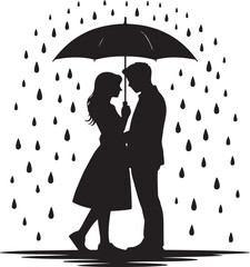 Romantic Silhouette of a Couple Sharing an Umbrella in the Rain Black and White Vector Image