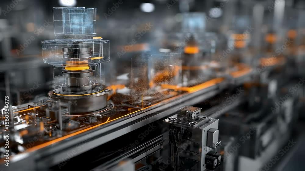 Poster futuristic industrial machinery operating on assembly line with augmented reality interface
