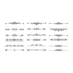 Decorative line borders, elegant design elements. Vector set of ornate patterns for invitations, certificates, documents. Vintage, swirls, flourishes. Black on white, intricate, detailed.