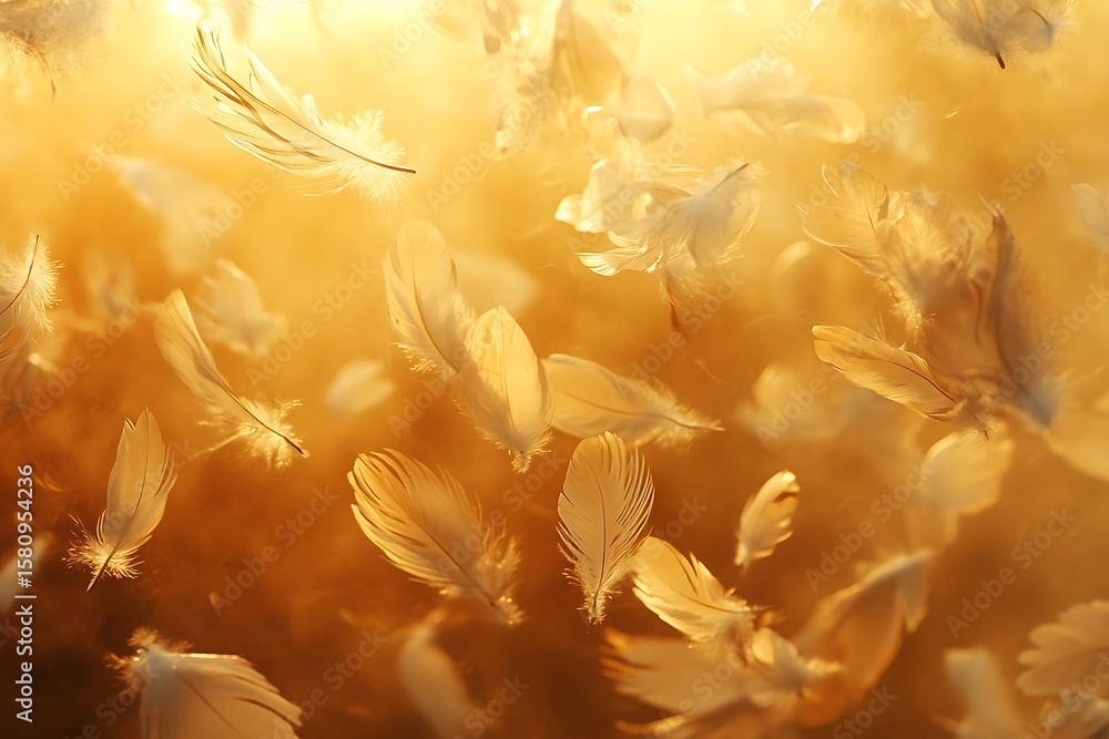 Poster feathers gently suspended in a golden haze, drifting slowly as if frozen in time -